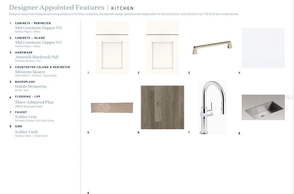 This design board displays kitchen finishes including white cabinets, quartz countertops, wood-look flooring, and hardware — 3678 ARBORDALE LOOP, SANFORD, FL