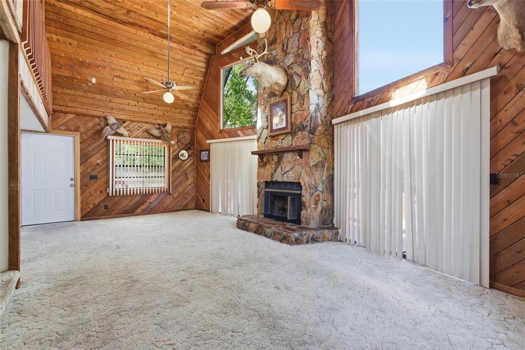 A living room features wood-paneled walls, a stone fireplace, and a vaulted ceiling — 8221 RIVERSIDE DR NE, ST PETERSBURG, FL