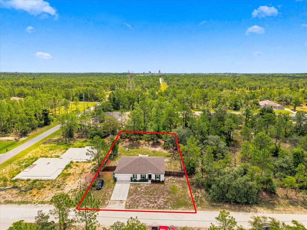 An aerial view shows a single-story house on a wooded lot with a red boundary — 15186 DUCK HAWK ROAD, WEEKI WACHEE, FL