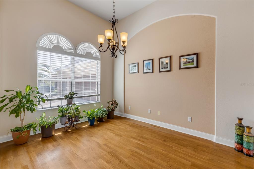 A dining room with hardwood floors, a chandelier, arched windows, and potted plants — 3377 CATERINA DRIVE, NEW SMYRNA BEACH, FL
