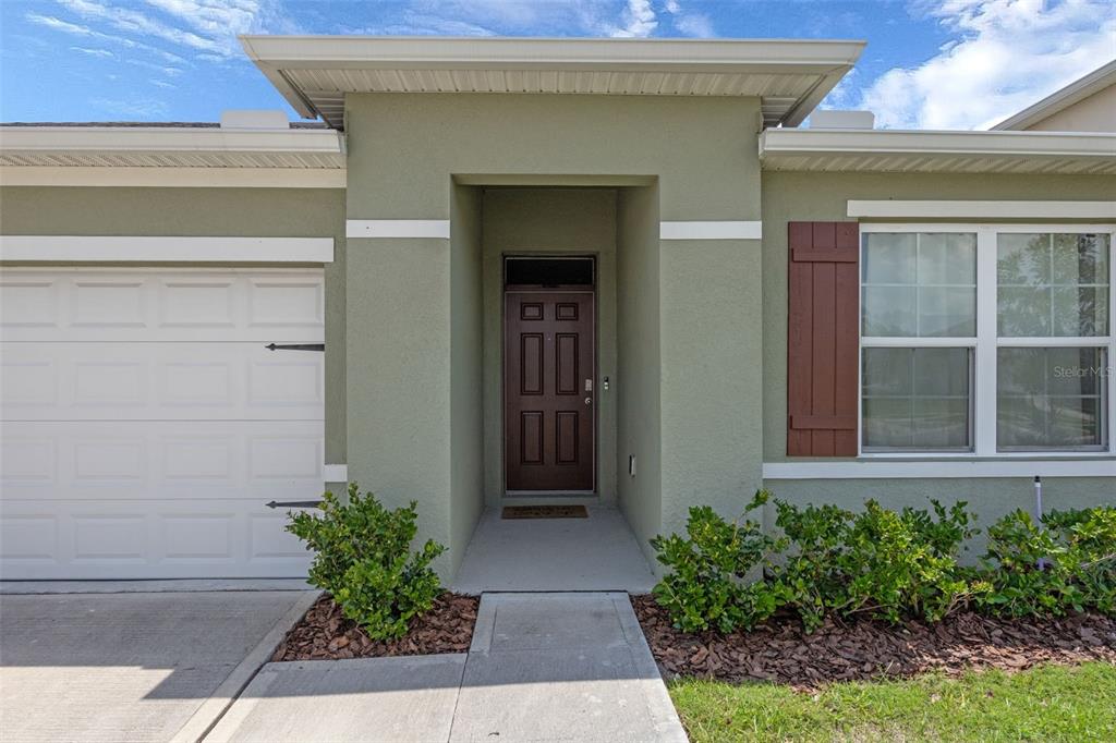 The exterior of a single-story home features a brown front door, garage, and landscaping — 5362 DOUGLAS FIR DRIVE, ST CLOUD, FL