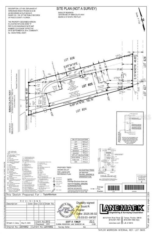 This is a site plan for Lot 605 in the Esplanade at Wiregrass Ranch community — 3864 IMMACOLATA WAY, WESLEY CHAPEL, FL