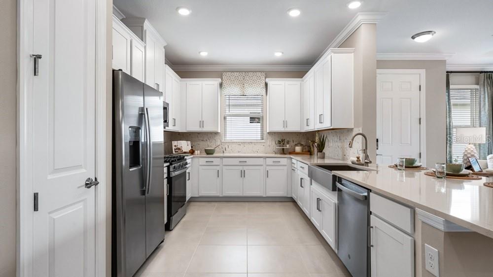 A modern kitchen features white cabinets, stainless steel appliances, a farmhouse sink, and quartz countertops — 3864 IMMACOLATA WAY, WESLEY CHAPEL, FL