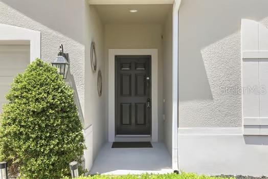 A dark front door is recessed into a beige stucco exterior with a nearby bush — 2825 RUNNING BROOK CIRCLE, KISSIMMEE, FL