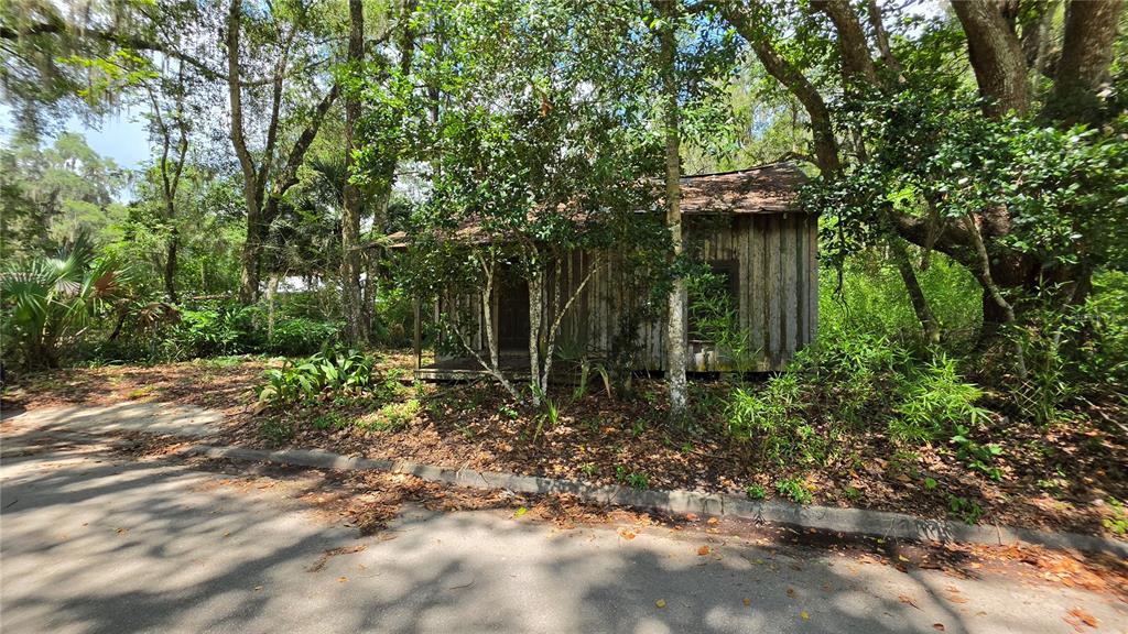 A weathered wooden cabin sits nestled among dense trees and overgrown vegetation — 304 NW 5TH STREET, MICANOPY, FL
