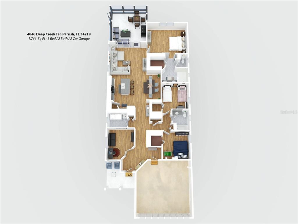 This is a 3D floor plan rendering of a three-bedroom, two-bathroom home with a garage — 4848 DEEP CREEK TERRACE, PARRISH, FL