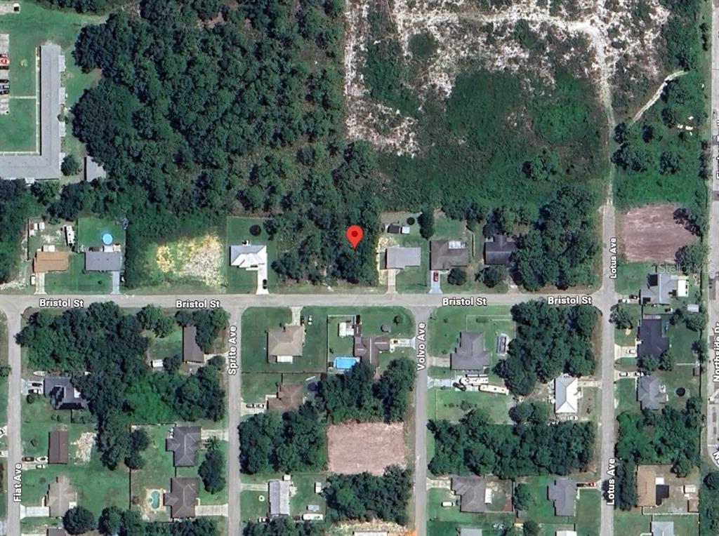 This is an aerial map view showing a vacant lot marked with a red pin — 3108 BRISTOL STREET, SEBRING, FL