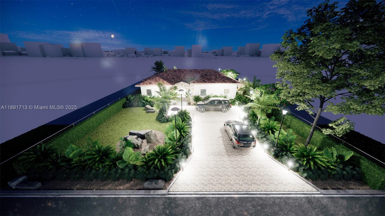 This is a 3D architectural rendering of a house with a paved driveway and landscaping — 149 NW 97th St, Miami Shores FL 33150, MIAMI SHORES, FL