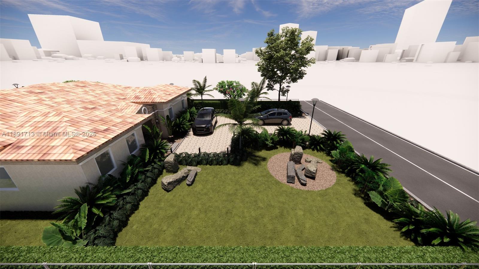 This is a 3D rendering of a house exterior featuring a lawn, driveway, and landscaping — 149 NW 97th St, Miami Shores FL 33150, MIAMI SHORES, FL