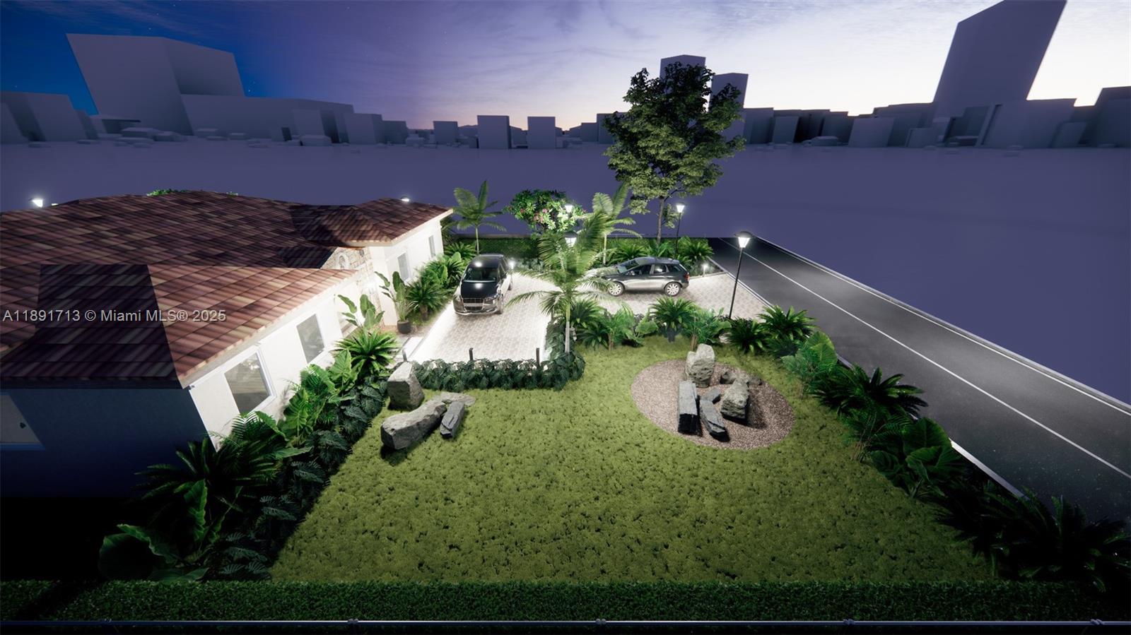 A digital rendering shows a house exterior with a landscaped yard, driveway, and stone features — 149 NW 97th St, Miami Shores FL 33150, MIAMI SHORES, FL