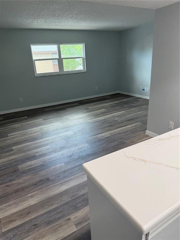An empty room features light gray walls, wood-look vinyl flooring, and a white countertop foreground — 439 76TH AVENUE N, ST PETERSBURG, FL