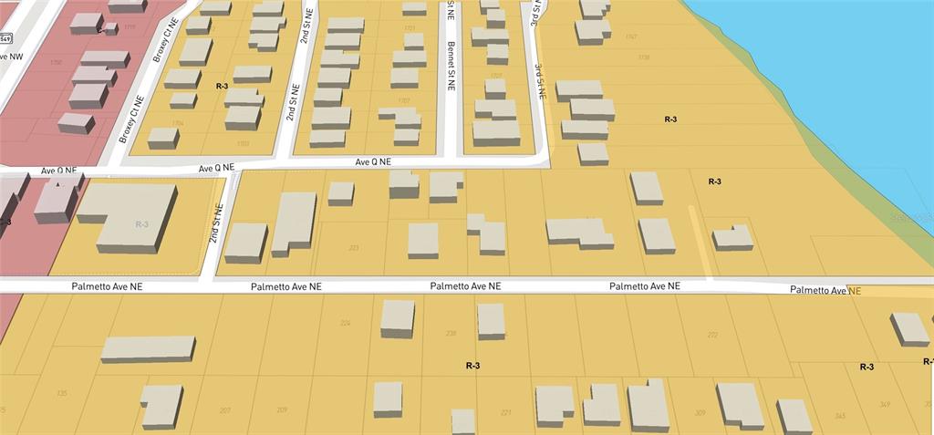 This is a 3D digital map rendering showing residential zoning and building footprints in a neighborhood — 223 PALMETTO AVENUE NE, WINTER HAVEN, FL