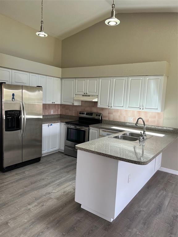 A kitchen features white cabinets, stainless steel appliances, granite countertops, and wood-look flooring — 1330 ABALOM STREET, PORT CHARLOTTE, FL