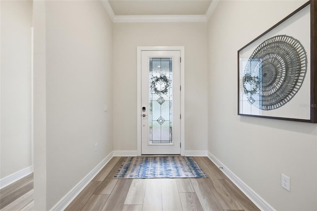 A bright entryway features light wood-look flooring, a white front door with glass, and wall art — 15031 CANOPY COVER DRIVE, WINTER GARDEN, FL