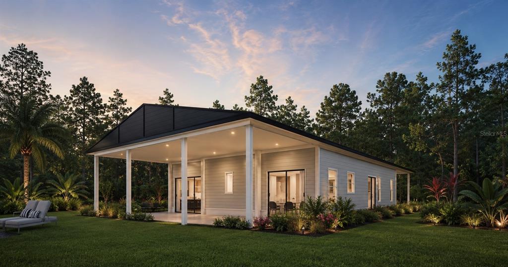 This is a digital rendering of a modern house exterior with a large covered patio — 17350 METCALF AVENUE, PORT CHARLOTTE, FL