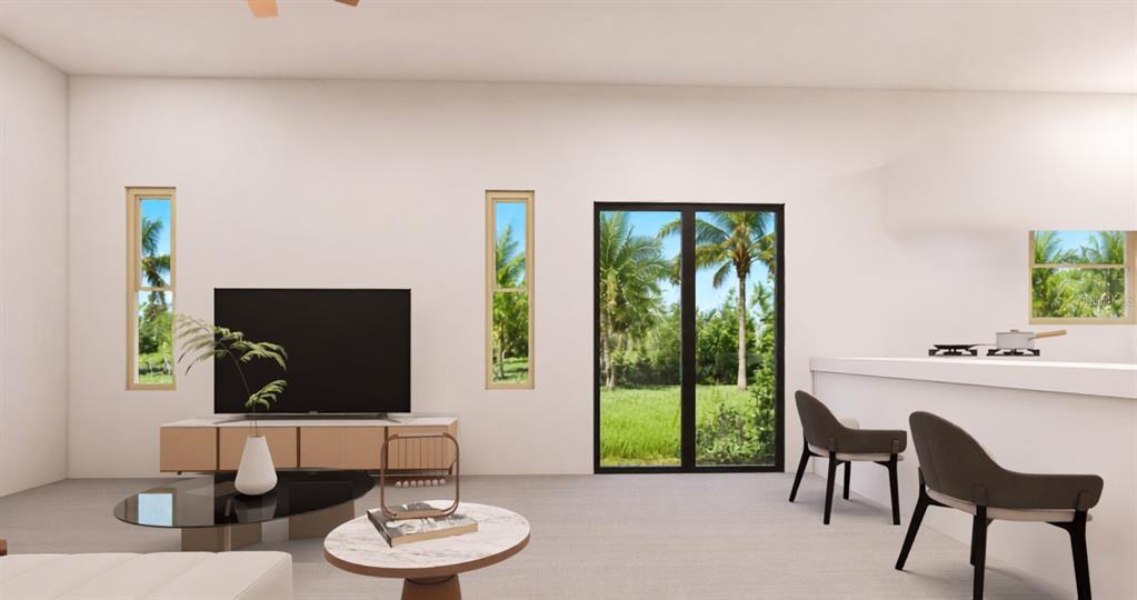 This rendering shows a modern living room with a television, seating, and outdoor views — 17350 METCALF AVENUE, PORT CHARLOTTE, FL