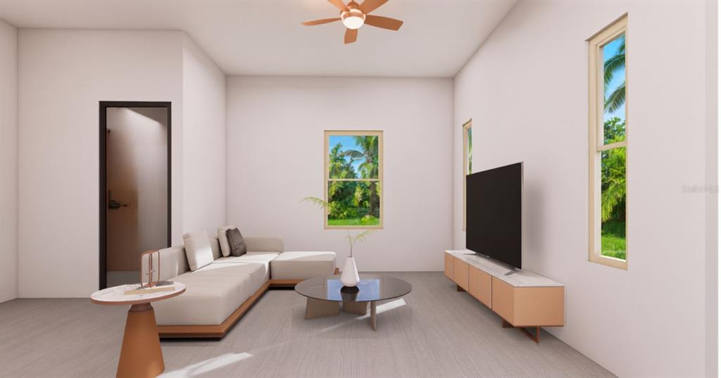 This rendering shows a modern living room with a sectional sofa, television, and ceiling fan — 17350 METCALF AVENUE, PORT CHARLOTTE, FL