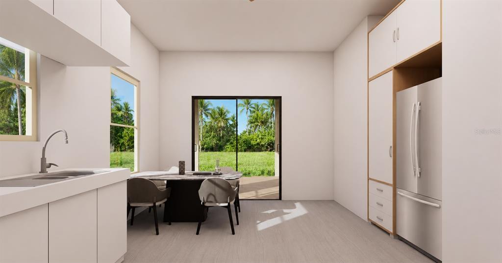 This rendering shows a modern kitchen and dining area with light wood floors and cabinetry — 17350 METCALF AVENUE, PORT CHARLOTTE, FL