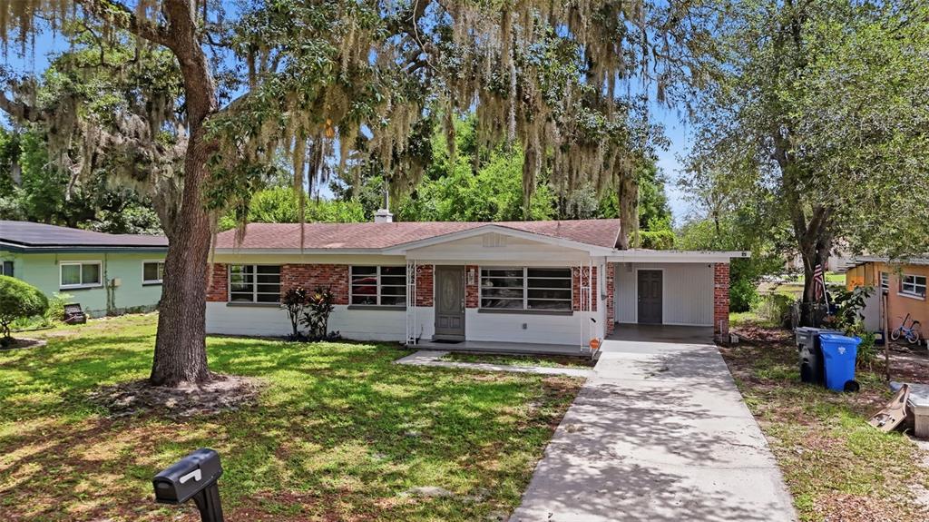 A single-story house with a brick and white exterior sits behind a large oak tree — 7815 PINE HILL DRIVE, TAMPA, FL