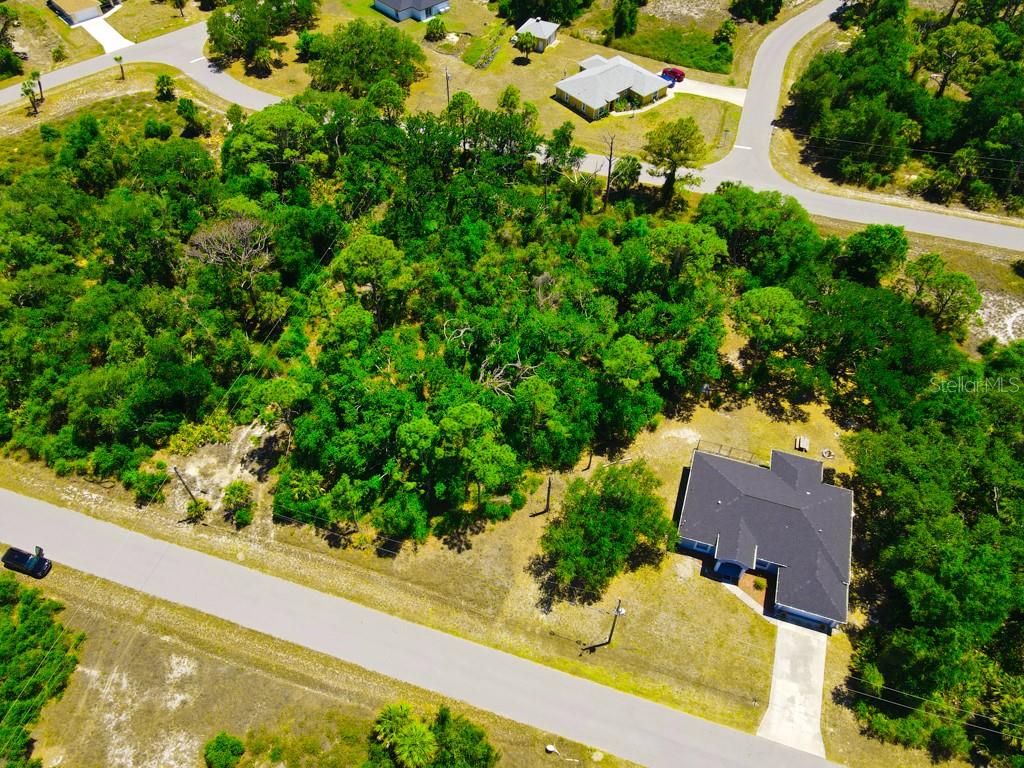 An aerial view shows a house with a dark roof surrounded by dense trees — 15531 FACTORY AVENUE, PORT CHARLOTTE, FL