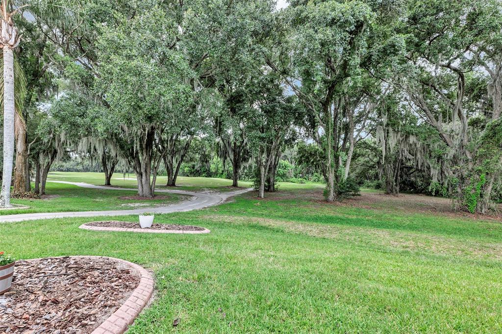 A grassy yard with a curved path leads toward a wooded area with large trees — 4436 ANTIETAM CREEK TRAIL, LEESBURG, FL