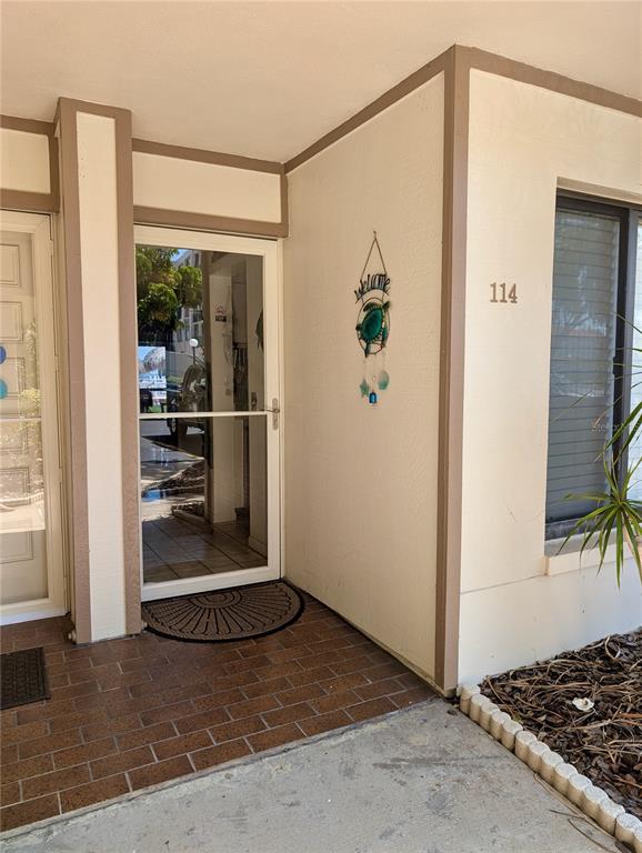 A view of a residential entryway with a glass storm door and a turtle decoration — 6218 PALMA DEL MAR BOULEVARD S UNIT 114, ST PETERSBURG, FL