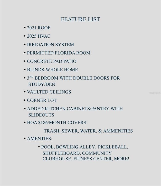 This image displays a bulleted list of property features and community amenities for a home — 6014 SW 86TH LANE, OCALA, FL