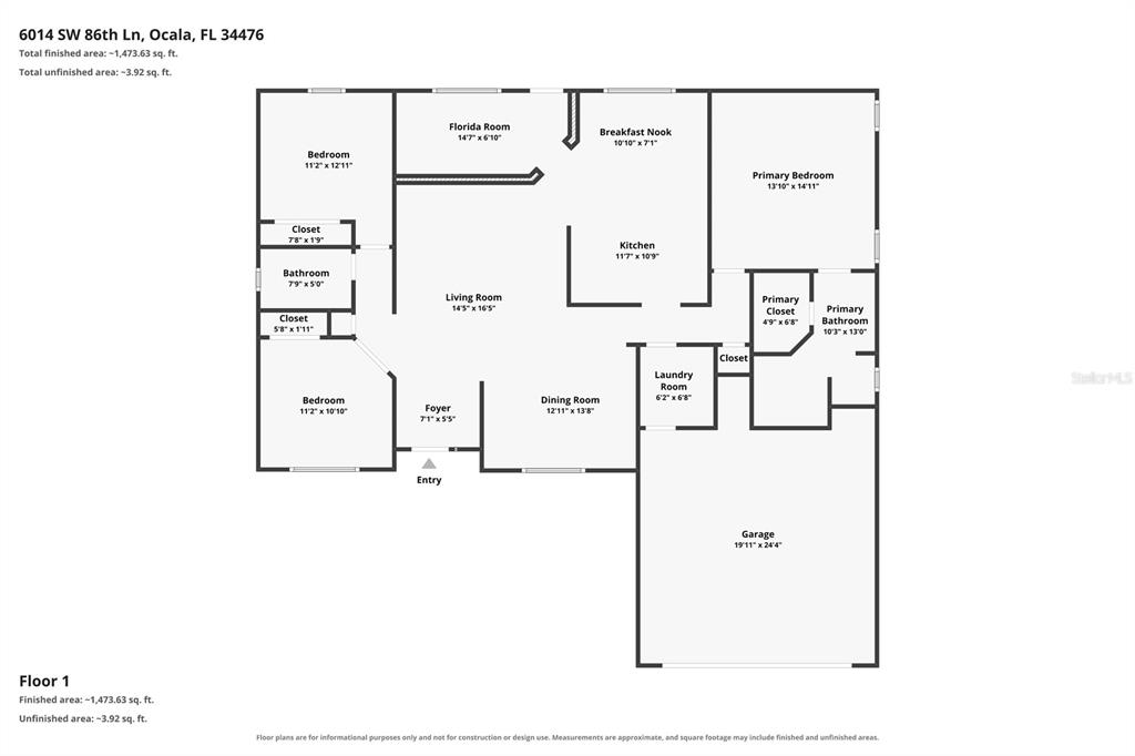 This is a floor plan for a single-story house with three bedrooms and a garage — 6014 SW 86TH LANE, OCALA, FL