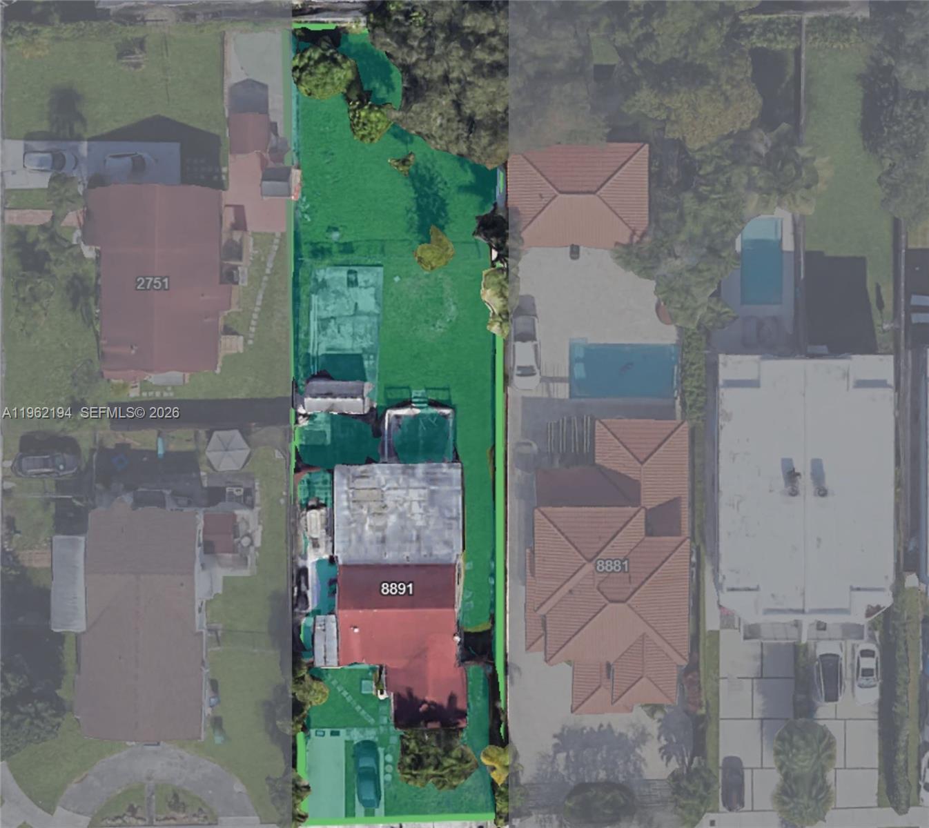 This is an aerial map view showing a residential property highlighted in green — 8891 SW 28th St, Miami FL 33165, MIAMI, FL