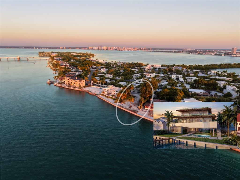 An aerial view of a coastal property with an inset rendering of a modern house — 1199 WESTWAY DRIVE, SARASOTA, FL