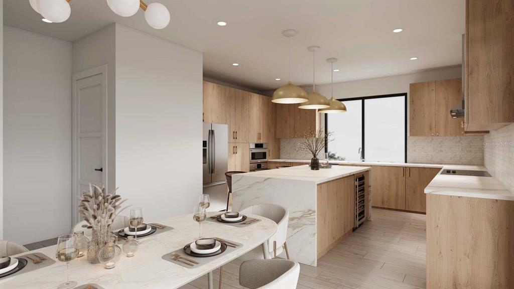 This rendering shows a modern kitchen and dining area with light wood cabinets and marble countertops — 2168 9TH AVENUE N UNIT 2, ST PETERSBURG, FL