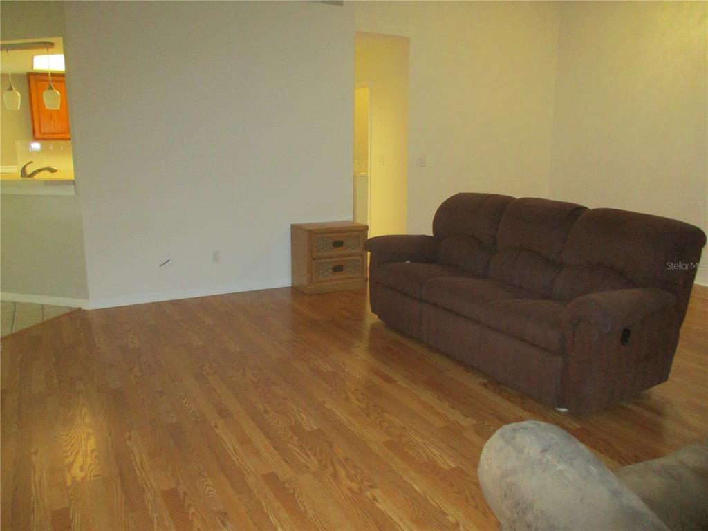 A living room features light wood flooring, a brown sofa, and a small wooden cabinet — 209 N BROCKFIELD DRIVE, SUN CITY CENTER, FL