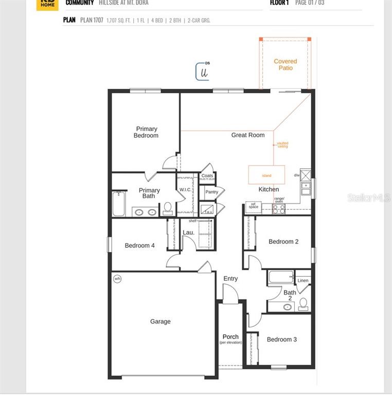 This is a floor plan for a single-story house featuring four bedrooms and a garage — 20248 LAVENDER BLOOM, MOUNT DORA, FL