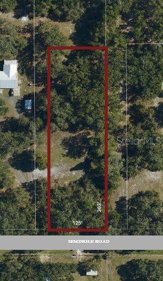 This aerial view shows a rectangular, wooded vacant lot bordering Seminole Road — 2951 SEMINOLE ROAD, ST CLOUD, FL