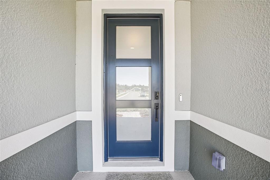 A blue front door with three glass panels is set within a gray stucco entryway — 1740 DRAUGHTON DRIVE, ZEPHYRHILLS, FL