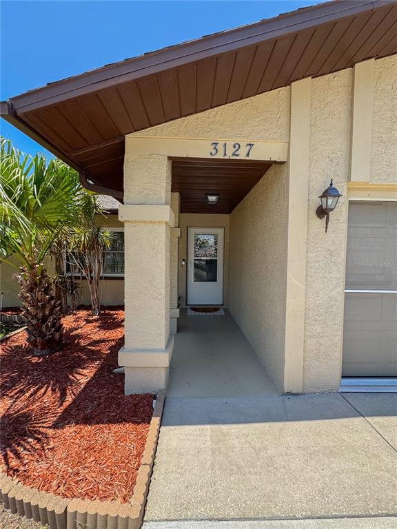 The exterior view shows a covered entryway with a front door and a garage door — 3127 DOLE STREET, HOLIDAY, FL