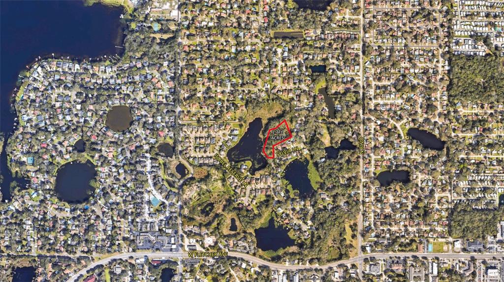 This aerial map shows a residential area with a highlighted 1.77-acre property lot — 1022 SYLVIA LANE, TAMPA, FL