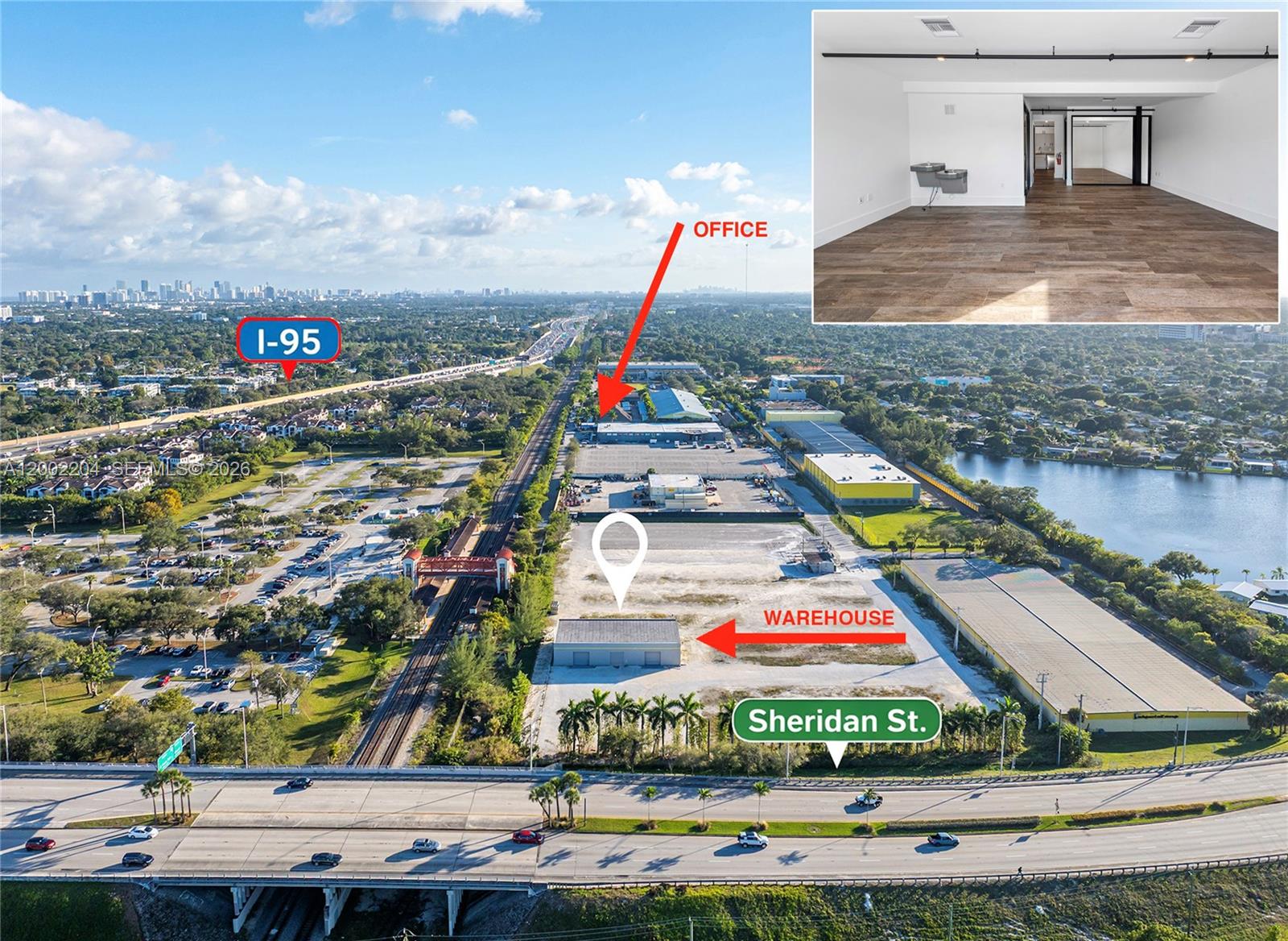 This aerial view shows a warehouse property near a highway with an inset office photo — 3080 Sheridan St Warehouse + Office, Hollywood FL 33020, HOLLYWOOD, FL