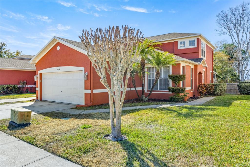 A two-story house with red stucco walls, a white garage door, and a bare tree — 11016 BLAINE TOP PLACE, TAMPA, FL