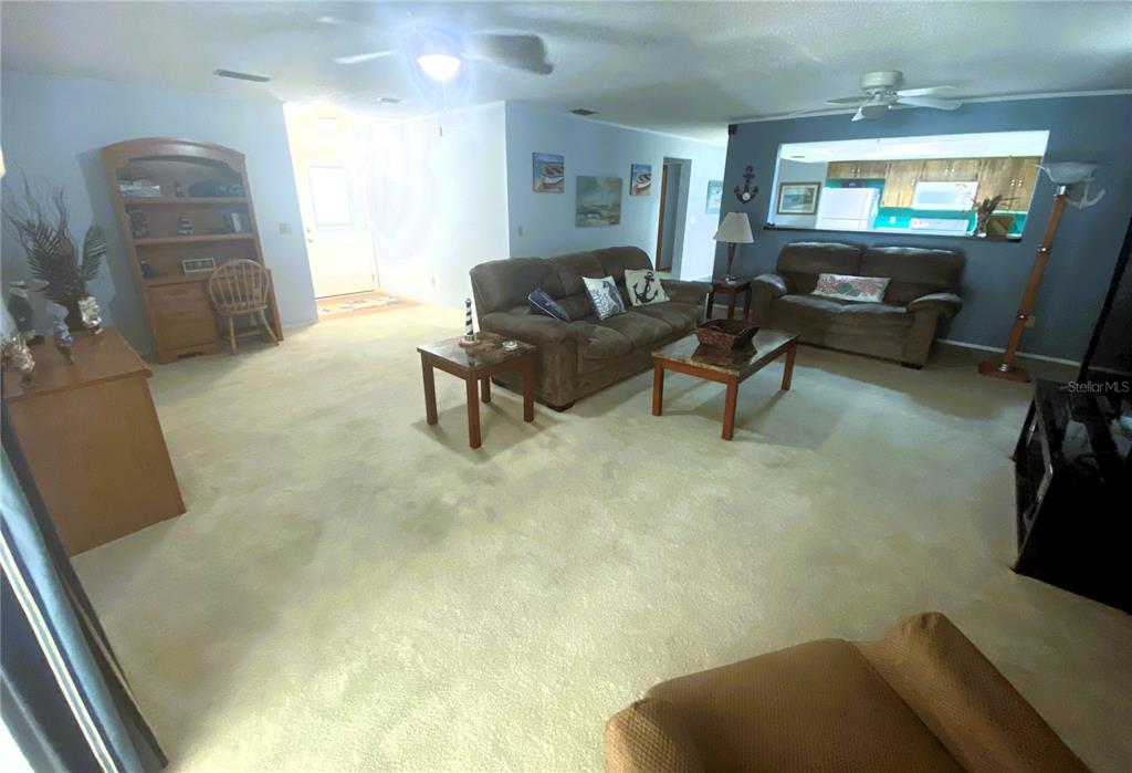 A living room features beige carpeting, two brown sofas, wooden coffee tables, and a bookshelf — 829 E 12TH AVENUE, NEW SMYRNA BEACH, FL