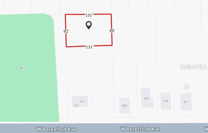 This is a map showing a rectangular property lot with dimensions labeled in feet — W BERESFORD AVENUE, DELAND, FL