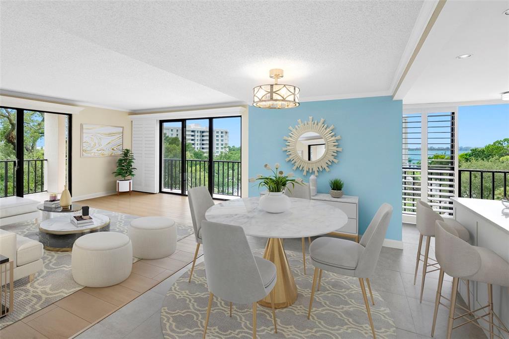 This is a digital rendering of an open-concept living and dining area with balcony views — 150 BELLEVIEW BOULEVARD UNIT 401, BELLEAIR, FL