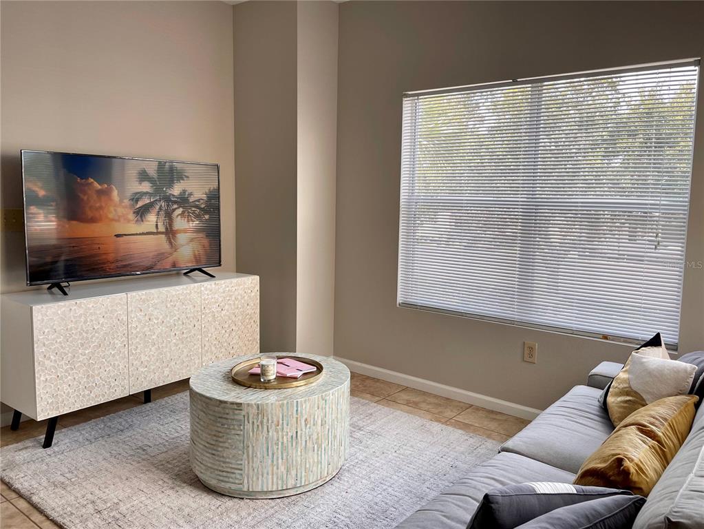 A living room features a television on a cabinet, a round coffee table, and sofa — 10764 70TH AVENUE UNIT 5205, SEMINOLE, FL