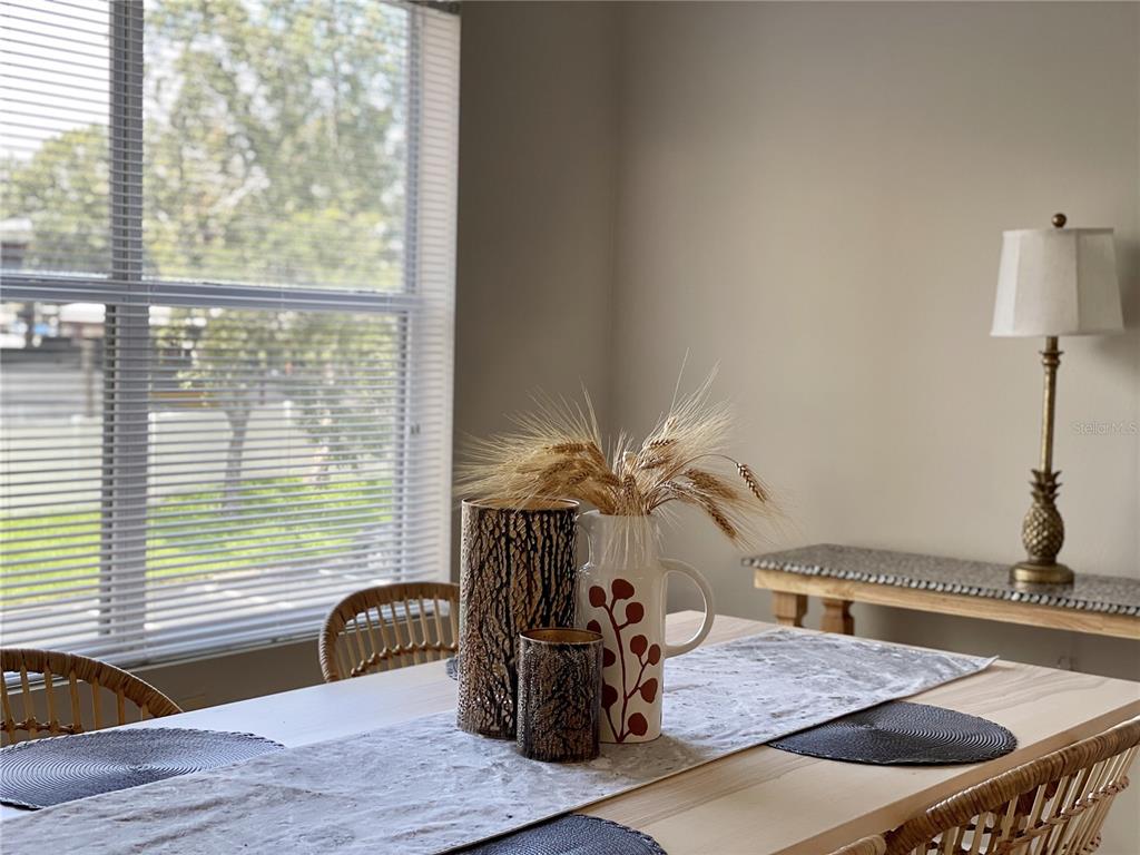 A dining room features a wooden table with a centerpiece, chairs, and a pineapple lamp — 10764 70TH AVENUE UNIT 5205, SEMINOLE, FL