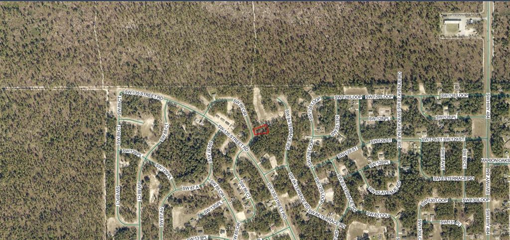 This is an aerial map showing a vacant lot outlined in red within a residential neighborhood — 8012-1481-19 SW 86 CIRCLE, OCALA, FL