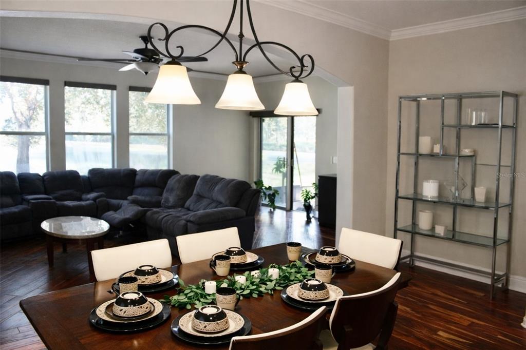 A dining area with a dark wood table and chandelier opens into a living room — 1513 BALSAM WILLOW TRL, ORLANDO, FL