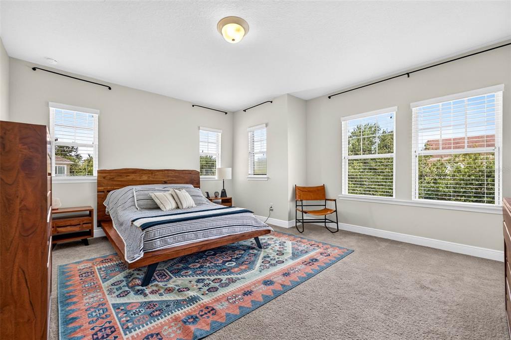 A bedroom features a wooden bed frame, a patterned area rug, and multiple windows — 5954 CALDERA RIDGE DRIVE, LITHIA, FL