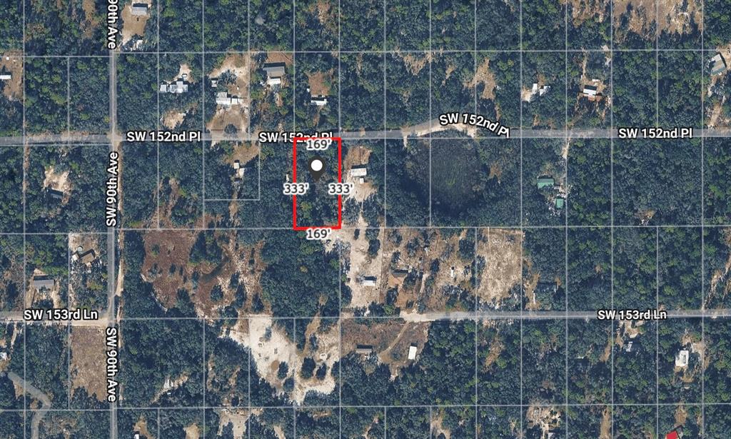 An aerial map shows a rectangular property lot outlined in red with dimensions labeled — TBD SW 152ND PLACE, DUNNELLON, FL