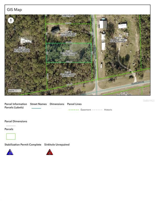 This is a GIS map showing property parcel lines and dimensions for several lots — PRESTON ROAD, BROOKSVILLE, FL