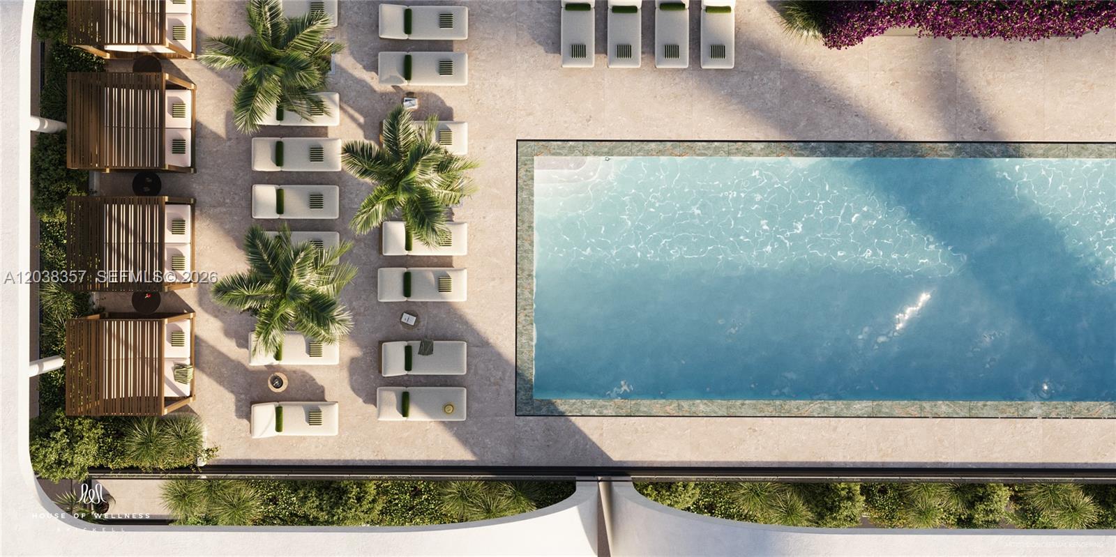 This architectural rendering shows a swimming pool deck with lounge chairs and cabanas — 152 SW 9th Street # 1619, Miami FL 33130, MIAMI, FL